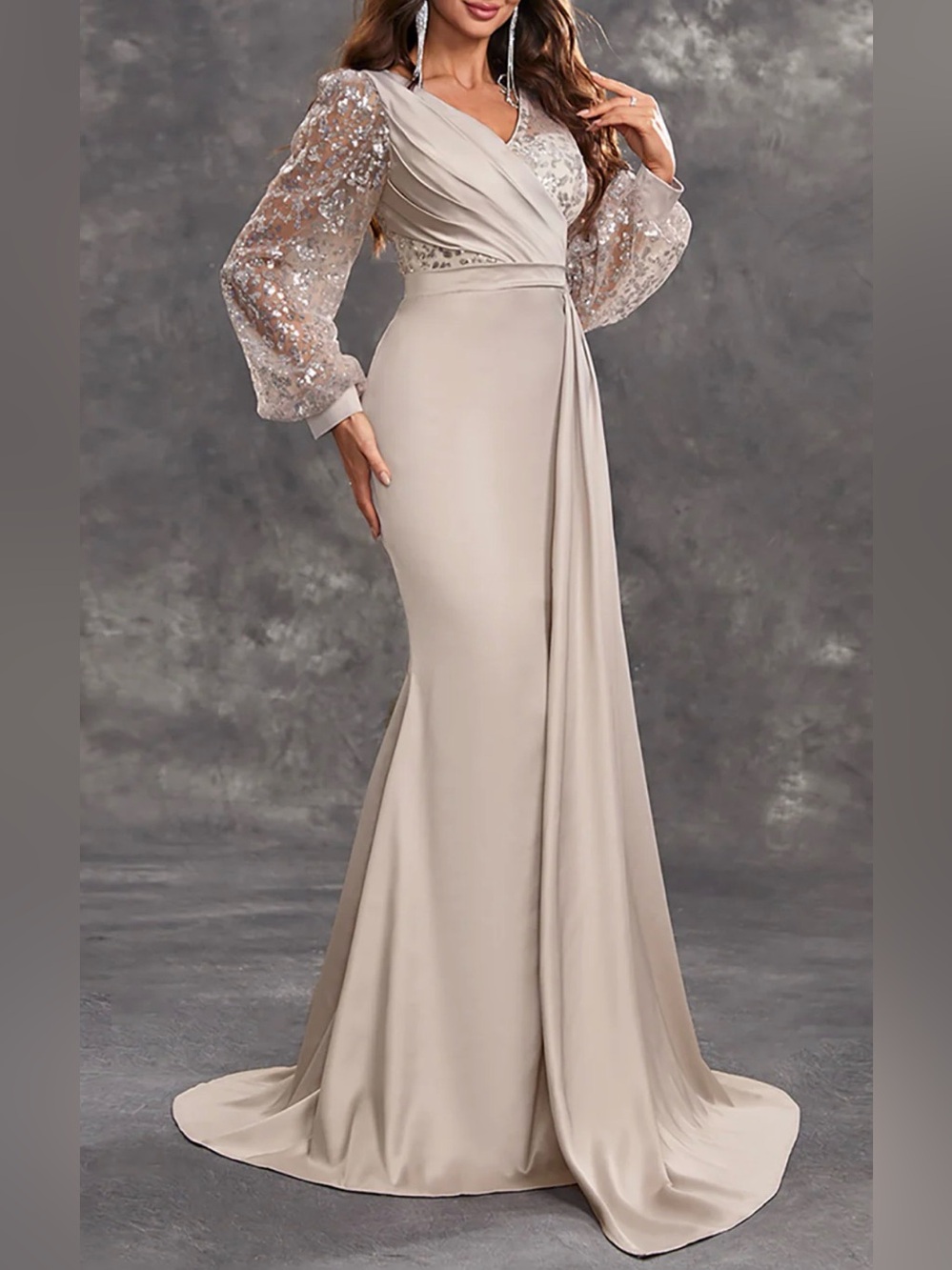 Giffniseti V Neck Long Sleeve Mermaid Dress Beige Large NWT